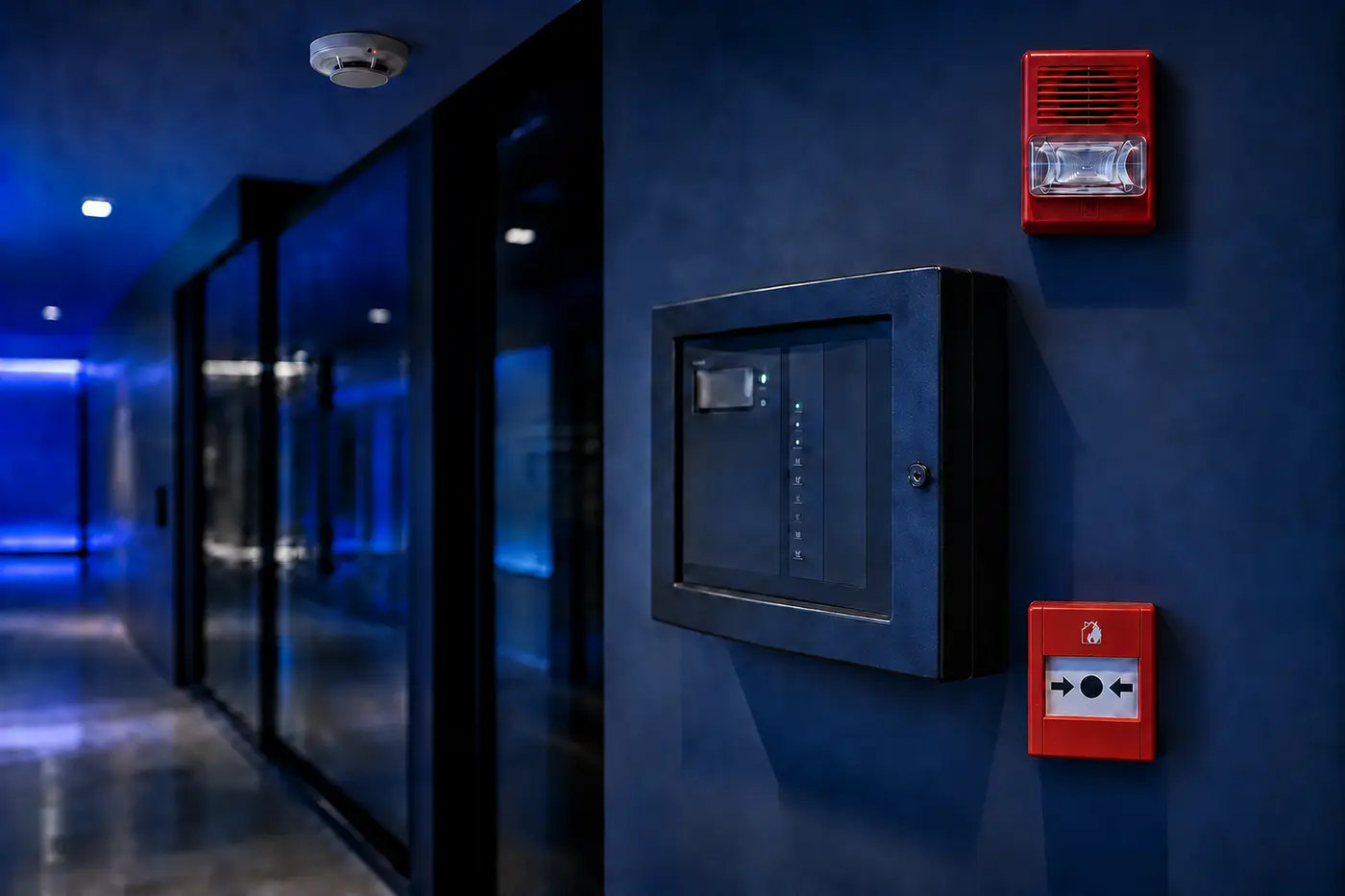 Sistema de detección y alarma de incendios con detector en techo, sirena y estación manual alineadas